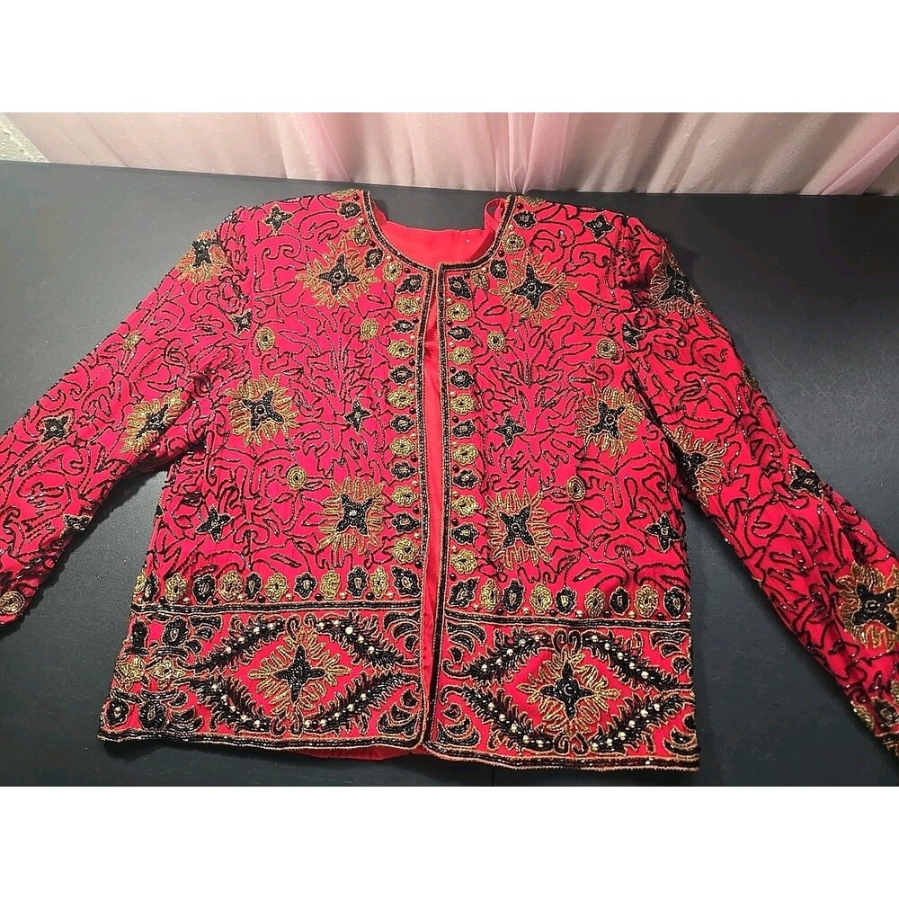 Vintage Adrianna Papell Red Silk Exquisite Beaded Evening Jacket Size 8 - Picture 10 of 16